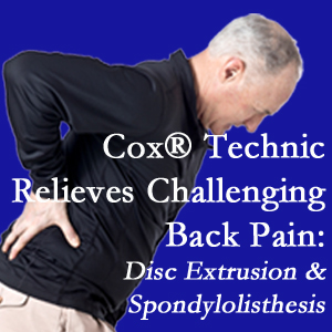 Vancouver chiropractic care with Cox Technic relieves back pain due to a painful combination of a disc extrusion and a spondylolytic spondylolisthesis.